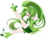  1girl bike_shorts cure_march green_bike_shorts green_eyes green_hair leg_up long_hair marblewars midorikawa_nao outstretched_leg precure simple_background smile_precure! solo white_background 