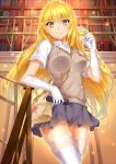  1girl arm_support bag blonde_hair blush breasts chain gloves hair_twirling highres lace lace-trimmed_gloves lace-trimmed_thighhighs large_breasts library remote school_uniform shokuhou_misaki skirt smile solo suika01 thigh-highs to_aru_majutsu_no_index yellow_eyes 