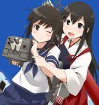  2girls :d ;( aiming akagi_(kantai_collection) arrow black_eyes black_hair blush clouds fubuki_(kantai_collection) hand_on_head japanese_clothes kadokawa_games kantai_collection long_hair miko multiple_girls open_mouth quiver school_uniform serafuku short_hair sky smile turret weapon wink youkan 