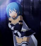  1girl bare_shoulders blue_eyes blue_hair breasts buckle cape cleavage embarrassed frills gloves leaning_forward magical_girl mahou_shoujo_madoka_magica miki_sayaka rp_(necho) short_hair skirt solo thigh-highs 