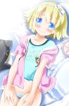  1girl alarm_clock bikini bird blonde_hair blue_eyes blush casual clock flat_chest hairband highres hoodie jacket lying noto_(soranoto) original parka penguin pillow short_hair short_shorts shorts smile solo stuffed_toy swimsuit swimsuit_under_clothes t-shirt 