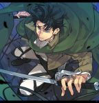  1boy belt black_hair blue_eyes cape jacket rivaille shingeki_no_kyojin solo sword toujou_sakana weapon 