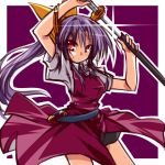  1girl dress hair_ribbon hemogurobin_a1c lavender_hair ponytail red_eyes ribbon solo sword touhou watatsuki_no_yorihime weapon 