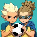  2boys ball brown_eyes brown_hair cape goggles gouenji_shuuya hairlocs inazuma_eleven inazuma_eleven_(series) kidou_yuuto multiple_boys open_mouth short_hair smile soccer_ball white_hair 