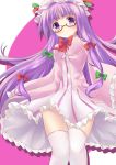  1girl bespectacled bow breasts dress glasses hair_ribbon hat highres long_hair long_sleeves looking_at_viewer open_clothes open_coat patchouli_knowledge purple_dress purple_hair red-framed_glasses ribbon solo striped striped_dress thigh-highs touhou tress_ribbon ut_pictura_poesis very_long_hair violet_eyes white_dress white_legwear wide_sleeves zettai_ryouiki 