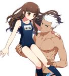  1boy 1girl archer brown_eyes brown_hair carrying dark_skin fate/extra fate/extra_ccc fate_(series) female_protagonist_(fate/extra) grey_eyes long_hair school_swimsuit speedo swimsuit tetsukuzu_tetsuko white_hair 