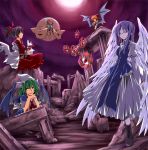  5girls angel_wings bat_wings black_hair blonde_hair blue_hair bow chin_rest closed_eyes dress elis_(touhou) green_eyes green_hair hair_bow hat hemogurobin_a1c highly_responsive_to_prayers horn kikuri_(touhou) konngara long_hair mima multiple_girls neckerchief pillow pillow_hug ponytail red_eyes ruins sakazuki sariel sitting skirt sleeves_past_wrists touhou touhou_(pc-98) wide_sleeves wings yuugenmagan 