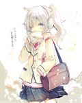  1girl alternate_costume bag blue_eyes blush cercis ear_mittens earmuffs long_hair looking_at_viewer mittens mononobe_no_futo ponytail scarf school_uniform skirt solo touhou translation_request white_hair wink 