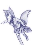  1girl animal_ears blush character_doll contemporary highres imaizumi_kagerou jewelry long_hair long_sleeves monochrome mouth_hold necklace playjoe2005 school_uniform skirt solo tail thigh-highs toast touhou traditional_media very_long_hair wakasagihime wolf_ears wolf_tail 