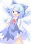 1girl arms_behind_back blue_dress blue_eyes blue_hair bow cirno dress hair_bow kagerou_(kers) open_mouth short_hair smile solo touhou wings ⑨ 