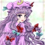  1girl blush_stickers border bow crescent double_bun dress eyelashes gradient gradient_background hair_bow long_hair looking_at_viewer mob_cap nanashii_(soregasisan) open_mouth patchouli_knowledge purple_hair robe side_glance solo touhou very_long_hair violet_eyes white_background 