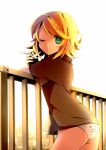  1girl ass blonde_hair cigarette fence green_eyes hair_ornament hairclip highres ichinose_yukino kagamine_rin looking_at_viewer no_pants panda_print panties print_panties railing shirt short_hair short_sleeves solo sunset underwear vocaloid white_panties wink yellow_nails 