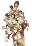  6+boys absurdres baba_yasushi black_hair blonde_hair brown_hair character_request collage dougi highres karate_shoukoushi_kohinata_minoru kohinata_minoru male multiple_boys muscle punching white_background 