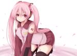  1girl detached_sleeves hatsune_miku kneeling long_hair necktie petals pink_eyes pink_hair remiria100 sakura_miku smile solo thigh-highs twintails vocaloid zettai_ryouiki 