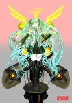  1girl aqua_eyes aqua_hair boots detached_sleeves hatsune_miku headphones highres long_hair nagimiso skirt solo thigh-highs thigh_boots twintails very_long_hair vocaloid 