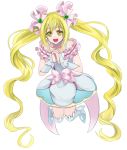  1girl :d blonde_hair cure_echo interlocked_fingers jumping long_hair marblewars open_mouth precure precure_all_stars_new_stage:_mirai_no_tomodachi sakagami_ayumi simple_background smile solo twintails white_background yellow_eyes 