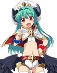  +_+ 1girl capelet character_request chikuwa_(majihima) demon_horns green_hair hand_on_hip long_hair looking_at_viewer low_wings midriff navel open_mouth red_eyes shinrabanshou simple_background solo thigh-highs white_background wings 