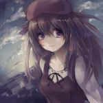  1girl beret hat long_hair purple_hair ribbon shihou_matsuri sky smile sola tsuburaya_35 violet_eyes 