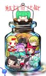  &gt;_&lt; 6+girls animal_ears arm_cannon black_hair blonde_hair bow braid brown_dress bucket cat_ears check_translation chibi closed_eyes dress green_dress green_hair hair_bobbles hair_bow hair_ornament hairband heart horn hoshiguma_yuugi in_bucket in_container jar kaenbyou_rin kisume komeiji_koishi komeiji_satori kurodani_yamame long_hair mizuhashi_parsee multiple_girls red_eyes redhead reiuji_utsuho sakazuki shirt sisenshyo subterranean_animism third_eye touhou translated twin_braids twintails upside-down very_long_hair wavy_mouth weapon wink zombie_fairy |_| 