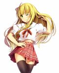  1girl adjusting_hair azuki_azusa bisonbison black_legwear blonde_hair choker green_eyes hand_on_hip hentai_ouji_to_warawanai_neko highres long_hair looking_at_viewer midriff plaid plaid_skirt pleated_skirt skirt smile solo thigh-highs wink zettai_ryouiki 