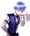  1boy blue_hair bowtie caster_(fate/extra_ccc) closed_eyes fate/extra_ccc fate_(series) gaon_(hisuikairou) hand_kiss kiss vest 