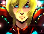  1girl absurdres blonde_hair blue_eyes close-up eyelashes freckles highres lips long_hair metroid power_suit samus_aran solo tikantz varia_suit 