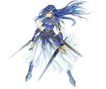  1girl absurdres armor armored_dress blue_eyes blue_hair braid cocoroten dual_wielding earrings floating_hair gauntlets greaves half_updo highres jewelry knight long_hair long_skirt original pauldrons sheath side_braid simple_background skirt solo sword weapon white_background 