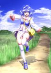  1girl bag boots clouds grass hair_intake highres kuroi_ekaki looking_at_viewer open_mouth original outstretched_arms panties path purple_hair red_eyes road short_hair sky smile spread_arms thigh-highs underwear white_legwear wink 