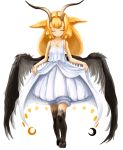  1girl blonde_hair closed_eyes curtsey dress hair_tubes highres horns long_hair mizutsu original payot simple_background smile solo white_background white_dress wings 