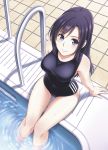  1girl arm_support blue_eyes long_hair looking_up pool purple_hair sitting smile solo swimsuit water wet 