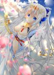  1girl blue_eyes bow breasts clothing_request clouds elbow_gloves gloves hair_bow jewelry kazeshiro_kazeto lens_flare long_hair original outstretched_arm petals pointy_ears sky solo tiara very_long_hair white_hair 