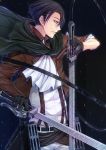  1boy aki_ii black_hair boots cable cape dual_wielding green_eyes highres rivaille shingeki_no_kyojin solo sword weapon 