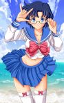  1girl bespectacled bishoujo_senshi_sailor_moon blue_eyes blue_hair bow breasts cleavage clouds glasses highres looking_at_viewer midriff mizuno_ami mound_of_venus navel school_uniform seraphina short_hair sky smile thigh-highs water 