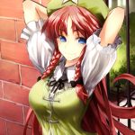  1girl arms_up blue_eyes bow braid breasts brick_wall chirigami-san hair_bow hat highres hong_meiling long_hair looking_at_viewer redhead smile solo touhou twin_braids 