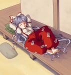  1girl barefoot fujiwara_no_mokou hair_ribbon long_hair miyo_(ranthath) ribbon silver_hair sleeping solo suspenders touhou very_long_hair 