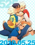  4boys age_difference blue_eyes blue_hair blush brown_eyes clothes_writing facial_hair gouenji_shuuya hug inazuma_eleven inazuma_eleven_(series) kiss male multiple_boys multiple_persona nikaidou_shuugo short_hair smile soccer_uniform time_paradox white_hair yaoi 