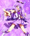  0417nao 1girl :d bare_shoulders blush boots clenched_hand foreshortening heterochromia long_hair open_mouth original outstretched_arm pointing precure purple_hair red_eyes sleeveless smile solo violet_eyes 