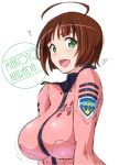  1girl ahoge blush bodysuit breasts brown_hair bust green_eyes harada_makoto large_breasts looking_at_viewer open_mouth shiny short_hair solo suzutsuki_kurara yamato2199 