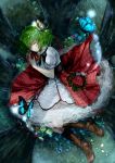  1girl boots butterfly butterfly_on_head closed_eyes dress flower flower_wreath green_hair highres kazami_yuuka layered_dress light_particles lying on_side petticoat puffy_sleeves red_dress short_sleeves silentdin sleeping solo touhou white_dress 