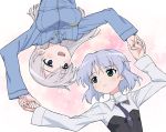  2girls :d blonde_hair blue_eyes breasts eila_ilmatar_juutilainen eye_contact green_eyes holding_hands long_hair looking_at_another multiple_girls necktie ootr open_mouth sanya_v_litvyak short_hair silver_hair smile strike_witches 