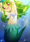  1girl fish_tail green_hair jewelry long_hair mermaid midriff monster_girl muromi-san nakoumi_kokoro namiuchigiwa_no_muromi-san necklace red_eyes scales seashell shell solo twintails 