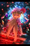  1girl ascot blonde_hair dress flandre_scarlet flower hat letterboxed licking red_eyes rose ryosios short_hair side_ponytail smile solo tongue touhou wings 