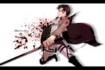  1boy ascot black_hair blood boots cape dual_wielding jacket kinw rivaille shingeki_no_kyojin solo sword thigh_strap title_drop weapon 