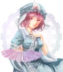  1girl breasts fan folding_fan gradient gradient_background hand_on_own_chest hinatchi japanese_clothes kimono lips looking_at_viewer mob_cap pink_eyes pink_hair saigyouji_yuyuko short_hair solo touhou triangular_headpiece white_background 