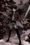  1boy angel31424 ascot black_hair boots dual_wielding highres rivaille shingeki_no_kyojin smoke solo sword thigh-highs thigh_boots thigh_strap tree weapon wire 