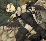  1boy black_hair blood boots cable cape gloves naplus rivaille shingeki_no_kyojin smoke solo sword thigh-highs thigh_boots thigh_strap weapon wire 