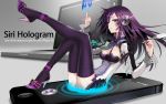  1girl an2a apple_inc. blue_eyes breasts cleavage cleavage_cutout english expressionless headphones high_heels highres icon iphone legs long_hair long_sleeves nail_polish necktie pen phone purple_hair purple_legwear quill shoes siri sitting smartphone solo tagme thighhighs wallpaper 
