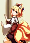  1girl against_wall aki_minoriko aki_minoriko_(cosplay) animal_ears blonde_hair blouse breasts cosplay fingernails food fox_ears fox_tail fruit grapes large_breasts long_sleeves looking_at_viewer looking_over_shoulder merry_(diameri) mob_cap multiple_tails open_clothes open_mouth open_shirt short_hair sideboob skirt solo suspenders tail touhou wide_sleeves yakumo_ran yellow_eyes 