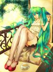  1girl bird cup green_eyes green_hair hatsune_miku long_hair modern_afro sitting skirt solo teacup thigh-highs twintails vertical-striped_legwear vertical_stripes very_long_hair vocaloid 