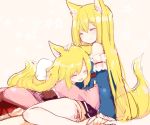  2girls akane_(naomi) animal_ears aoi_(naomi) blonde_hair fox_ears fox_tail hand_on_another&#039;s_head hug lap_pillow long_hair multiple_girls naomi_(sekai_no_hate_no_kissaten) original petting tail very_long_hair white_background white_legwear 